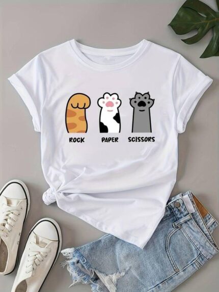 White Graphic T-Shirt with Cute Cat Rock Paper Scissors Print